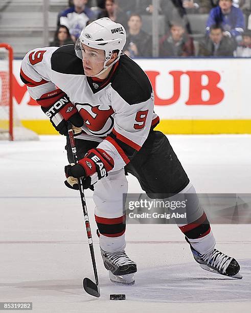 Zach Parise of the New Jersey Devils skates with the puck during game action against the Toronto Maple Leafs March 3, 2009 at the Air Canada Centre...