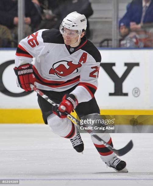 Patrik Elias of the New Jersey Devils skates during game action against the Toronto Maple Leafs March 3, 2009 at the Air Canada Centre in Toronto,...