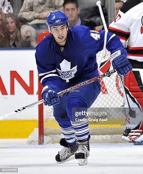 Time Stapleton of the Toronto Maple Leafs skates during game action against the New Jersey Devils March 3, 2009 at the Air Canada Centre in Toronto,...