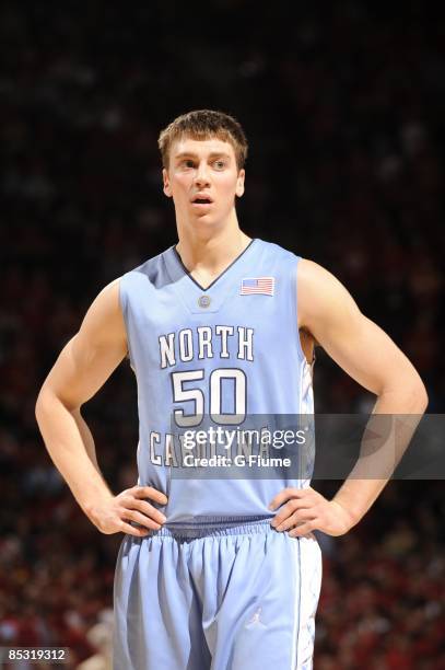 Tyler Hansbrough of the North Carolina Tar Heels rests during a break in the game against the Maryland Terrapins at the Comcast Center on February...