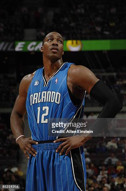 Dwight Howard of the Orlando Magic stands during a game against the Detroit Pistons at the Palace of Auburn Hills on March 9, 2009 in Auburn Hills,...