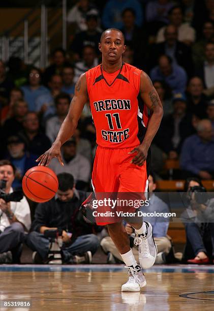 Rickey Claitt of the Oregon State Beavers dribbles the ball upcourt in the first half during their NCAA basketball game against the UCLA Bruins at...