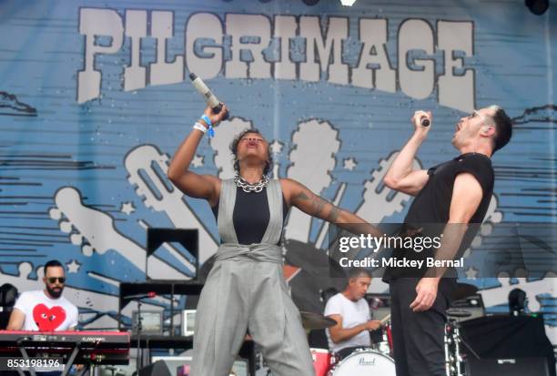 Noelle Scaggs and Michael Fitzpatrick of Fitz and the Tantrums perform during Pilgrimage Music & Cultural Festival on September 24, 2017 in Franklin,...