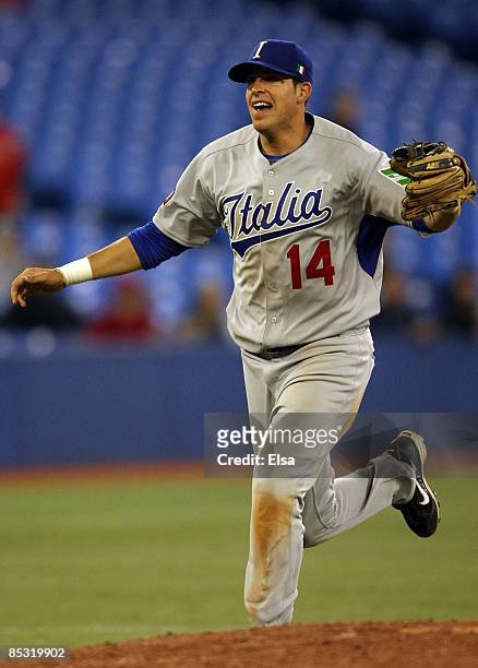 Alex Liddi of Italy celebrates a win over Canada during the 2009 World Baseball Classic Pool C match on March 9, 2009 at the Rogers Centre in...