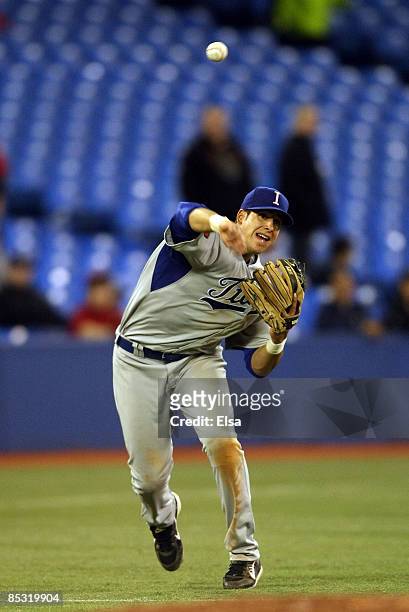 Alex Liddi of Italy throws to first base for the final out of the game during the 2009 World Baseball Classic Pool C game on March 9, 2009 at the...