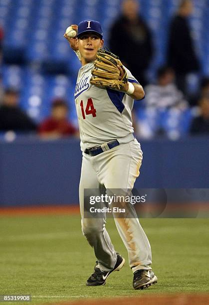 Alex Liddi of Italy throws to first base for the final out of the game during the 2009 World Baseball Classic Pool C game against Canada on March 9,...