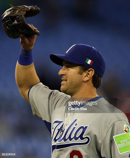 Nick Punto of Italy salutes the Italian fans after a win over Canada during the 2009 World Baseball Classic Pool C baseball on March 9, 2009 at the...