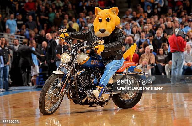 Rocky the Nuggets mascot rides a Harley Davidson motorcycle aroundt he court as the Portland Trail Blazers face the Denver Nuggets during NBA action...