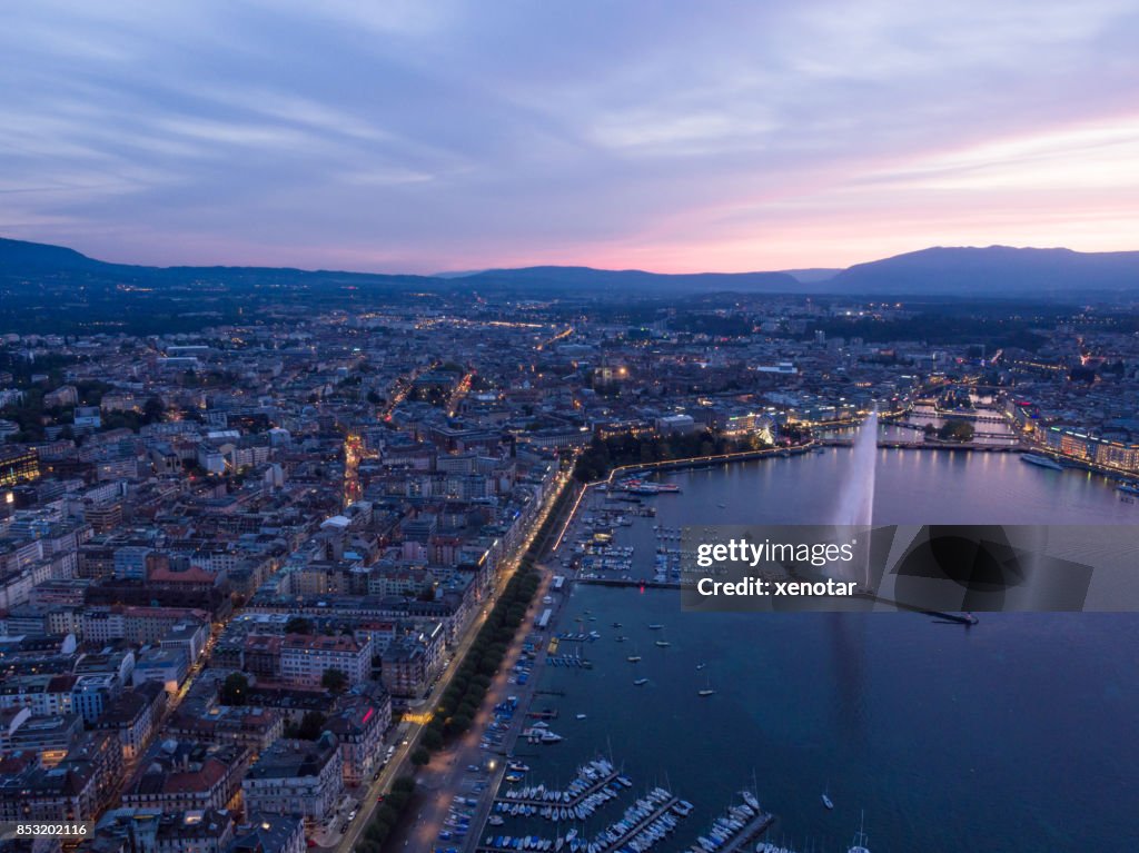 Geneva cityscape in sunset