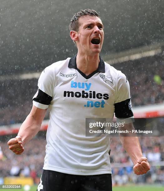 Derby County's Craig Bryson celebrates after completing his hat trick against Nottingham Forest during the Sky Bet Championship match at the iPro...