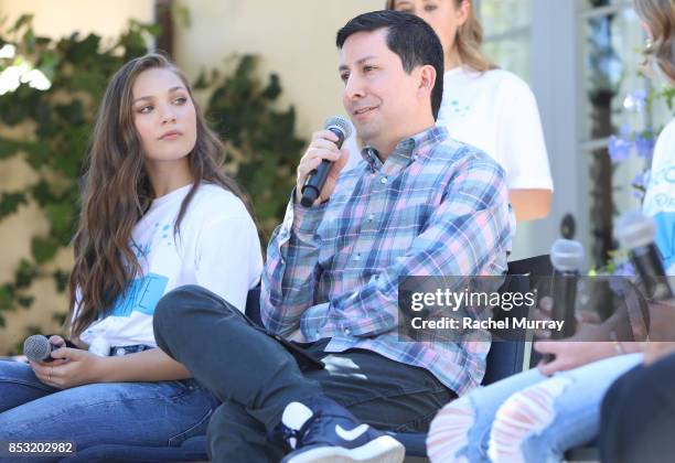 Maddie Ziegler and Instagram's Justin Antony speak during the panel discussion at the Positively Social launch event on September 24, 2017 in Beverly...