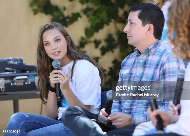 Maddie Ziegler and Instagram's Justin Antony speak during the panel discussion at the Positively Social launch event on September 24, 2017 in Beverly...