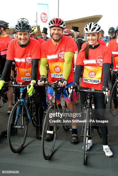 Dermot Murnaghan, Steve Backshall and Victoria Pendleton, line up on their bicycles in a celebrity start for the 25 mile charity bike ride during the...