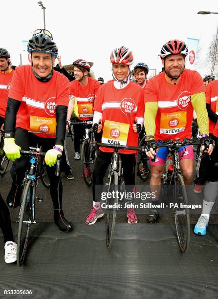 Dermot Murnaghan, Katie Price, and Steve Backshall, line up on their bicycles in a celebrity start for the 25 mile charity bike ride during the...