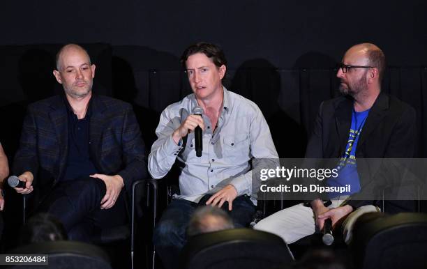 Joe Gangemi, David Gordon Green and Steven Soderbergh attend the Tribeca TV Festival season premiere of Red Oaks at Cinepolis Chelsea on September...