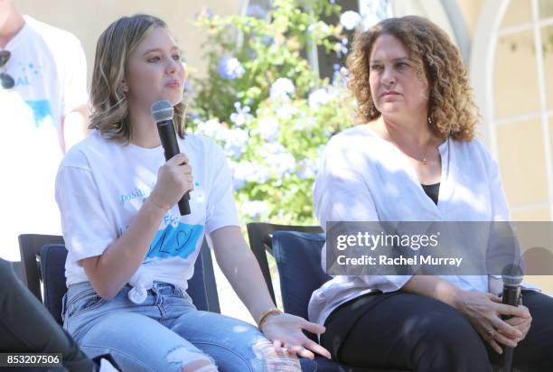 Lilia Buckingham and therapists Jenny Pascal speak during the panel discussion at the Positively Social launch event on September 24, 2017 in Beverly...