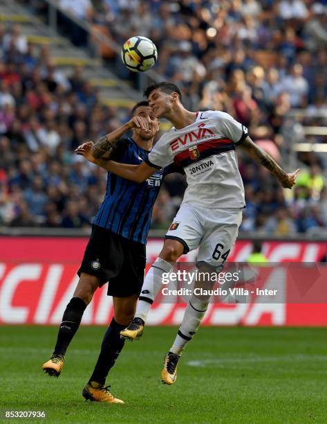 Matias Vecino of FC Internazionale and Pietro Pellegri of Genoa CFC compete for the ball during the Serie A match between FC Internazionale and Genoa...