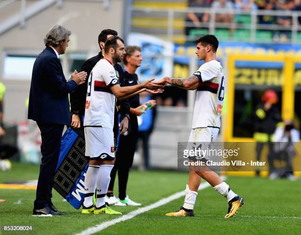 Goran Pandev and Pietro Pellegri of Genoa CFC during the Serie A match between FC Internazionale and Genoa CFC at Stadio Giuseppe Meazza on September...