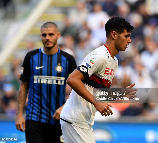 Mauro Icardi of FC Internazionale and Pietro Pellegri of Genoa CFC look on during the Serie A match between FC Internazionale and Genoa CFC at Stadio...
