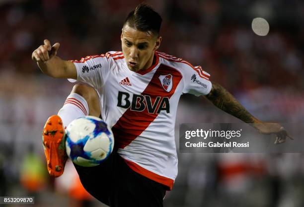 Carlos Auzqui of River Plate controls the ball during a match between River Plate and Argentinos Juniors as part of the Superliga 2017/18 at...