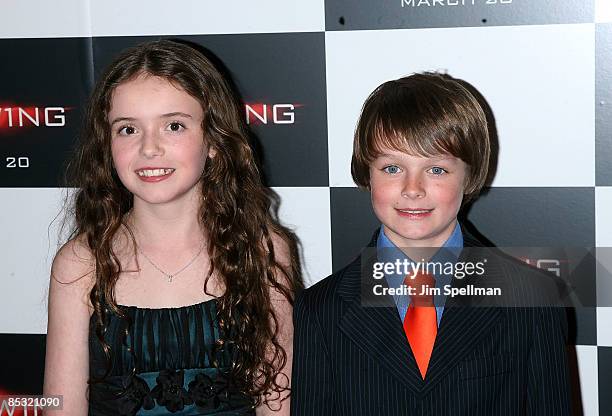 Actors Lara Robinson and Chandler Canterbury attend the premiere of "Knowing" at the AMC Loews Lincoln Square on March 9, 2009 in New York City.