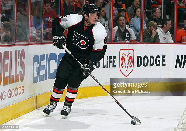 Randy Jones of the Philadelphia Flyers skates against the Nashville Predators on March 7, 2009 at Wachovia Center in Philadelphia, Pennsylvania. The...