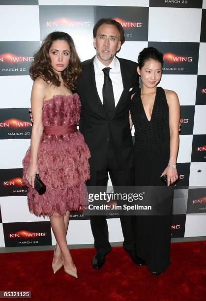 Actress Rose Byrne, Actor Nicolas Cage and Alice Kim Cageattends the premiere of "Knowing" at the AMC Loews Lincoln Square on March 9, 2009 in New...