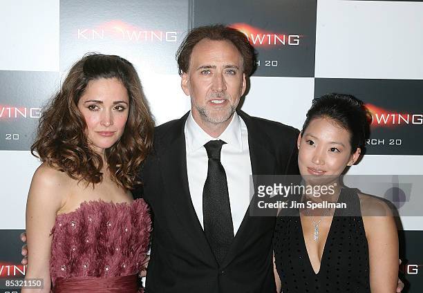 Actress Rose Byrne, Actor Nicolas Cage and Alice Kim Cageattends the premiere of "Knowing" at the AMC Loews Lincoln Square on March 9, 2009 in New...