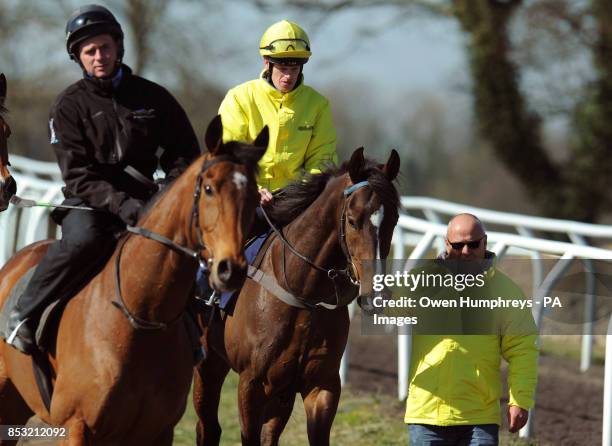 Trainer Richard Fahey leads down his three Lincoln runners Gabrial's Kaka ridden by Barry McHugh and Brae Hill ridden by Ben Hamilton during the...