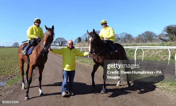 Trainer Richard Fahey with Gabrial's Kaka ridden by Barry McHugh and Hi There ridden by Tony Hamilton during the stable visit to Mews House Stables,...