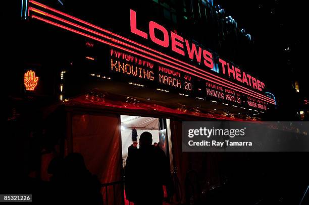 Marquee advertises the premiere of "Knowing" at the AMC Loews Lincoln Square on March 9, 2009 in New York City.