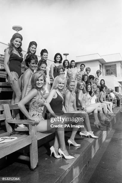 The 27 contestants in the Miss Great Britain final held at the Super Swimming Stadium in Morecambe. Kathleen Winstanley of Wigan, Lynda Thomas of...