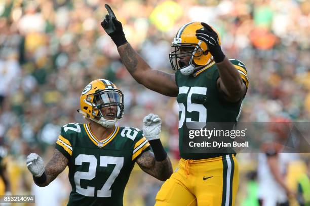 Ahmad Brooks of the Green Bay Packers reacts after a sack during the third quarter against the Cincinnati Bengals at Lambeau Field on September 24,...