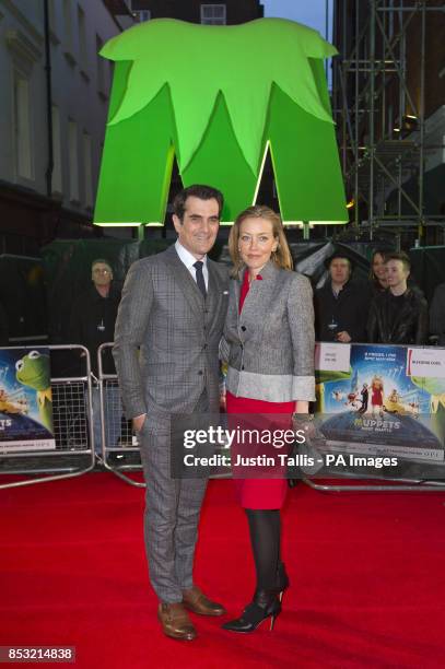 Ty Burrell and wife Holly Burrell arriving at the celebrity screening of Muppets Most Wanted at the Curzon Mayfair in central London.