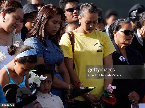 Sonny Fai's girlfriend Jenna Frost mourns with family and friends during a memorial service for missing Warriors NRL player Sonny Fai at Bethells...