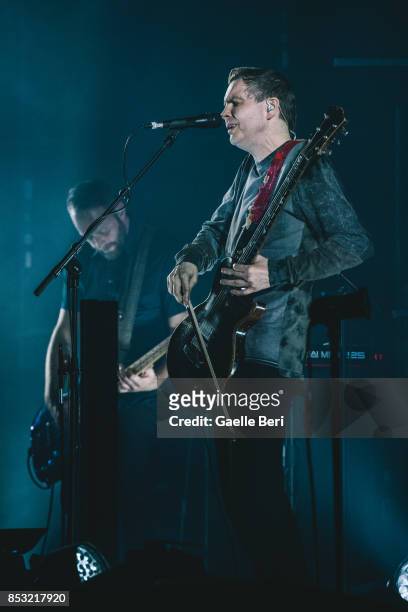 Georg Holm, Jonsi Birgisson and Orri Pall Dyrason of Sigur Ros perform live on stage at Clyde Auditorium SEC Armadillo on September 24, 2017 in...