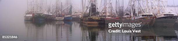 shrimpboat panorama - fog - shrimp boat stockfoto's en -beelden