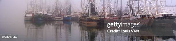 shrimpboat panorama - fog - shrimp boat stock pictures, royalty-free photos & images