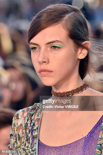 Model walks the runway at the Missoni Ready to Wear Spring/Summer 2018 fashion show during Milan Fashion Week Spring/Summer 2018 on September 23,...