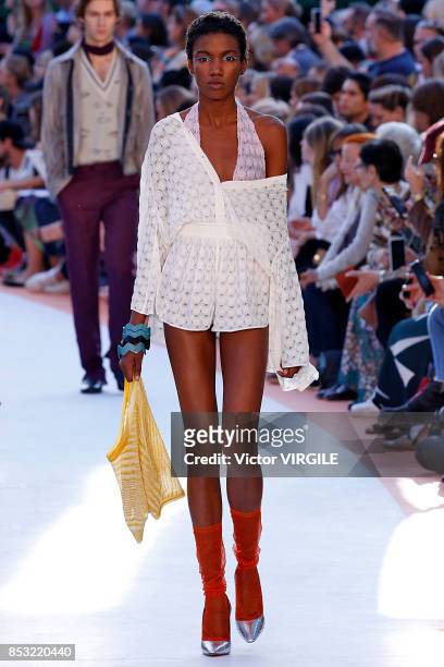 Model walks the runway at the Missoni Ready to Wear Spring/Summer 2018 fashion show during Milan Fashion Week Spring/Summer 2018 on September 23,...