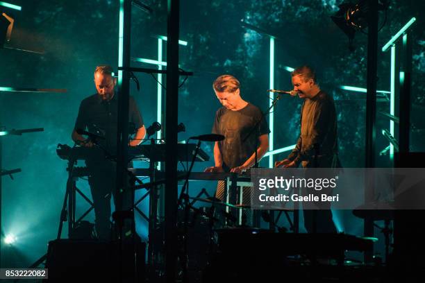 Georg Holm, Jonsi Birgisson and Orri Pall Dyrason of Sigur Ros perform live on stage at Clyde Auditorium SEC Armadillo on September 24, 2017 in...