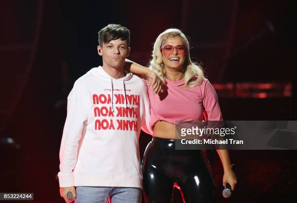 Bebe Rexha and Louis Tomlinson perform onstage during the 2017 iHeartRadio Music Festival - Night 2 held at T-Mobile Arena on September 23, 2017 in...