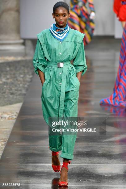 Model walks the runway at the Philosophy By Lorenzo Serafini Ready to Wear Spring/Summer 2018 fashion show during Milan Fashion Week Spring/Summer...