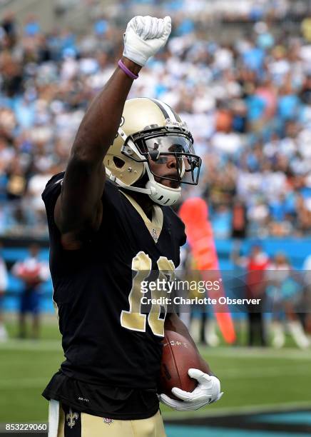 New Orleans Saints wide receiver Brandon Coleman celebrates his touchdown pass reception from quarterback Drew Brees against the Carolina Panthers in...