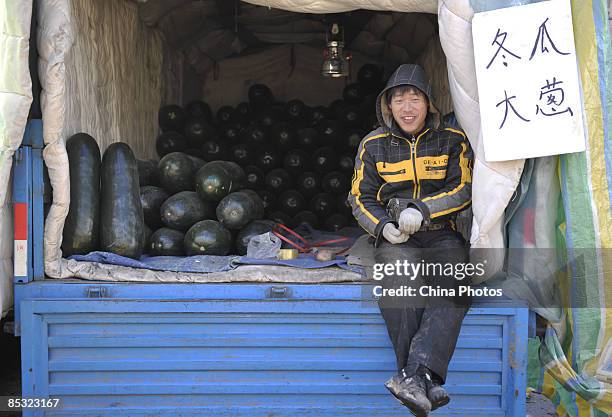 Vender waits for customers at a market on March 10, 2009 in Shenyang of Liaoning Province, China. China's consumer price index last month dropped 1.6...