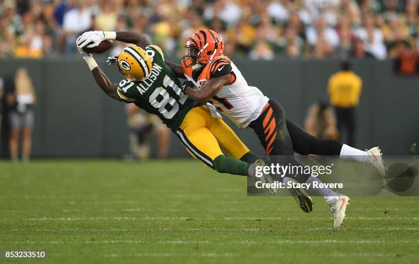 Geronimo Allison of the Green Bay Packers catches a pass during the fourth quarter against the Cincinnati Bengals at Lambeau Field on September 24,...