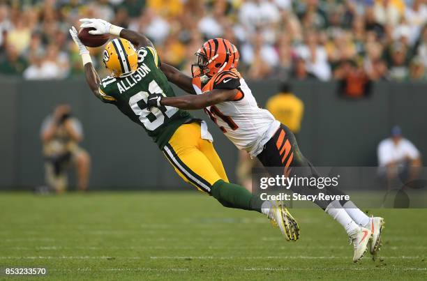 Geronimo Allison of the Green Bay Packers catches a pass during the fourth quarter against the Cincinnati Bengals at Lambeau Field on September 24,...