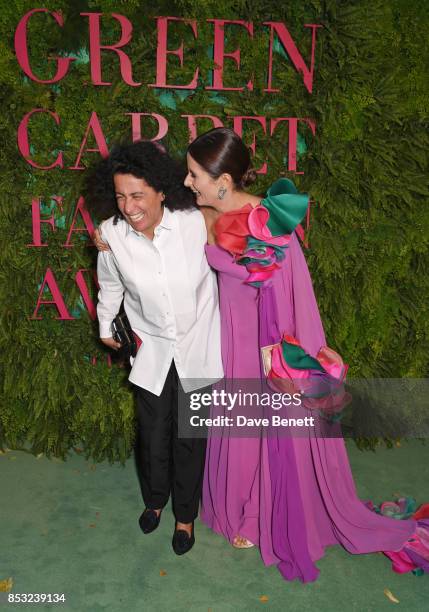 Sara Sozzani Maino and Livia Firth attend the Green Carpet Fashion Awards, Italia, at Teatro Alla Scala on September 24, 2017 in Milan, Italy.