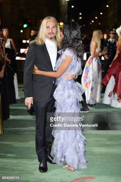 Zoe Saldana and Marco Perego attend the Green Carpet Fashion Awards Italia 2017 during Milan Fashion Week Spring/Summer 2018 on September 24, 2017 in...