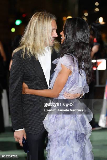 Zoe Saldana and Marco Perego attend the Green Carpet Fashion Awards Italia 2017 during Milan Fashion Week Spring/Summer 2018 on September 24, 2017 in...